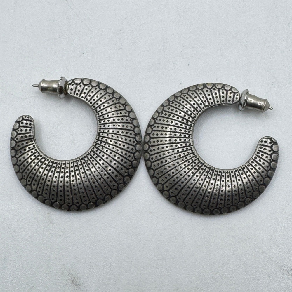 Vintage Silver Tone Textured Dotted Crescent Hoop Earrings Boho Statement